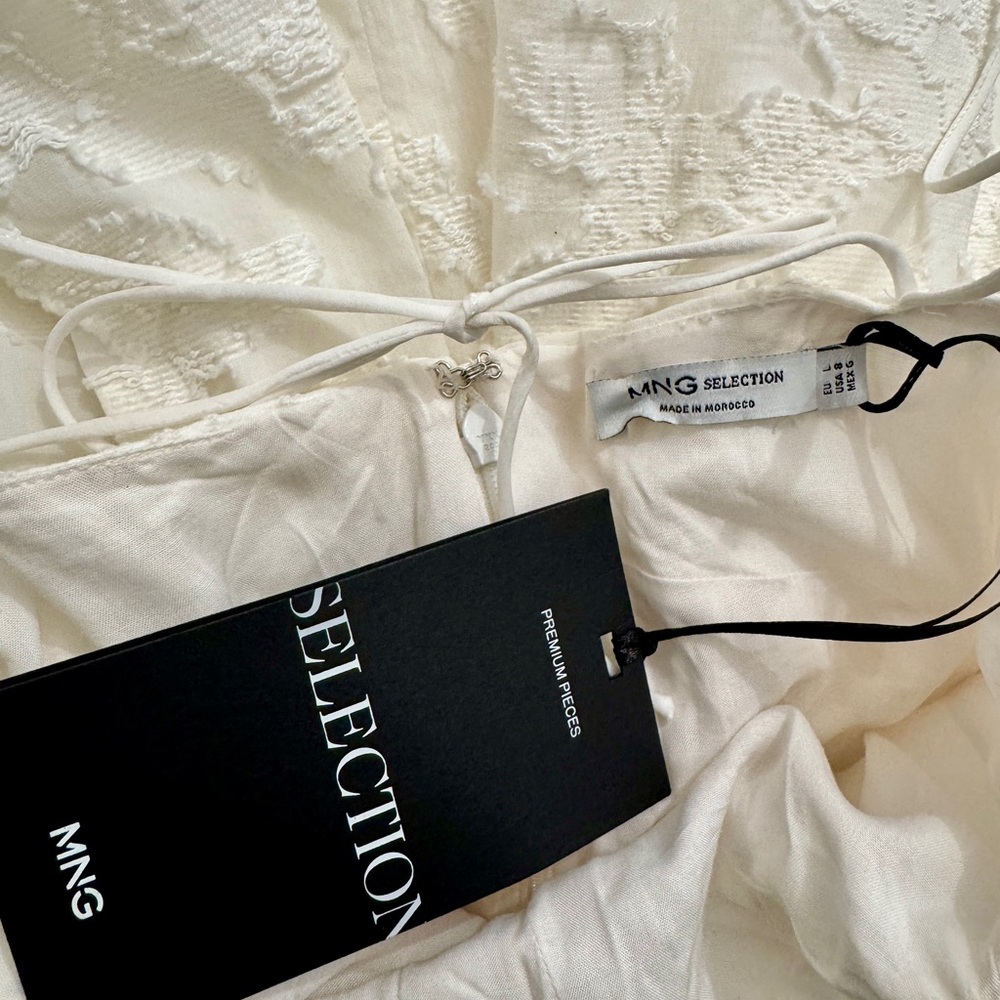 Mango White Capsule, embroidered  Lace Puffball Hem Mini Dress - Picture 6 of 8